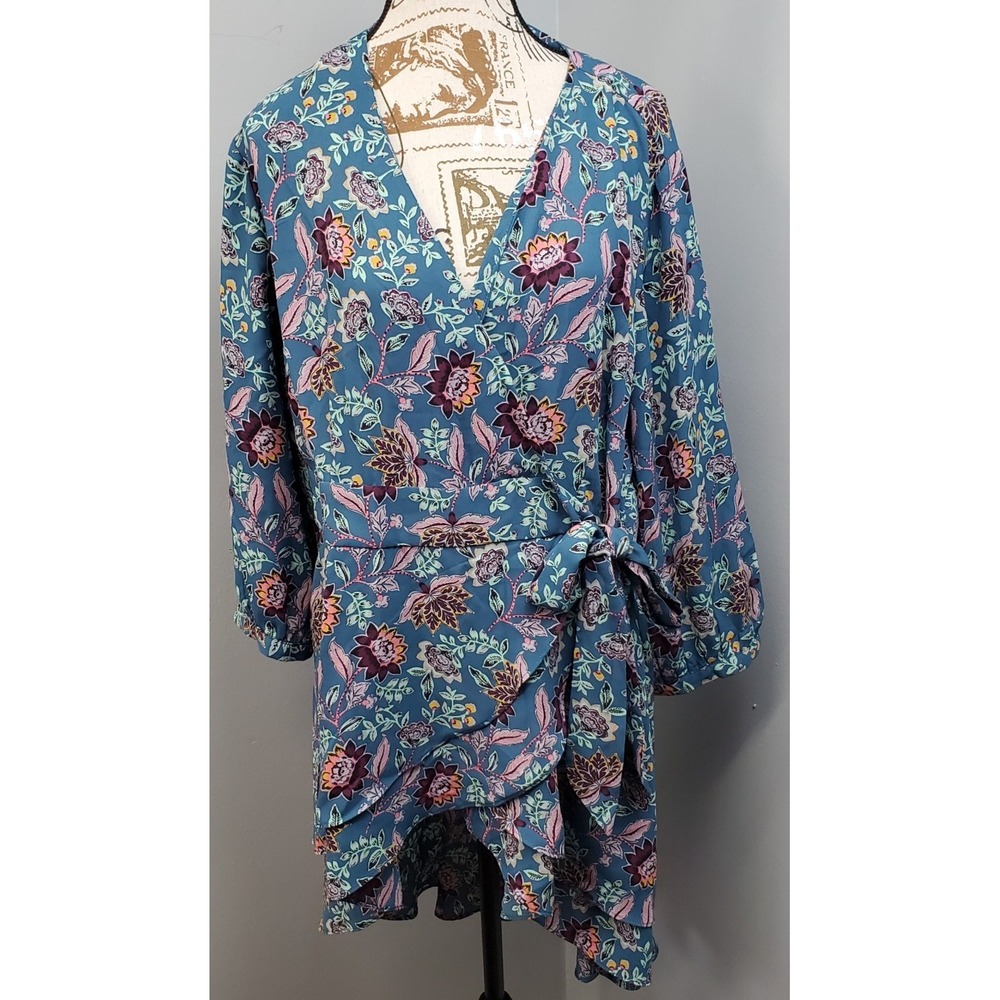 Torrid Wrap‎ Dress Womens 1 Multi Floral Boho Georgette Tie Waist Long Sleeve